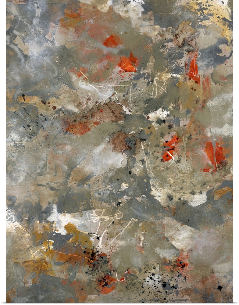 Big abstract painting on canvas of blotches of color layered on top of a grungy neutral background.