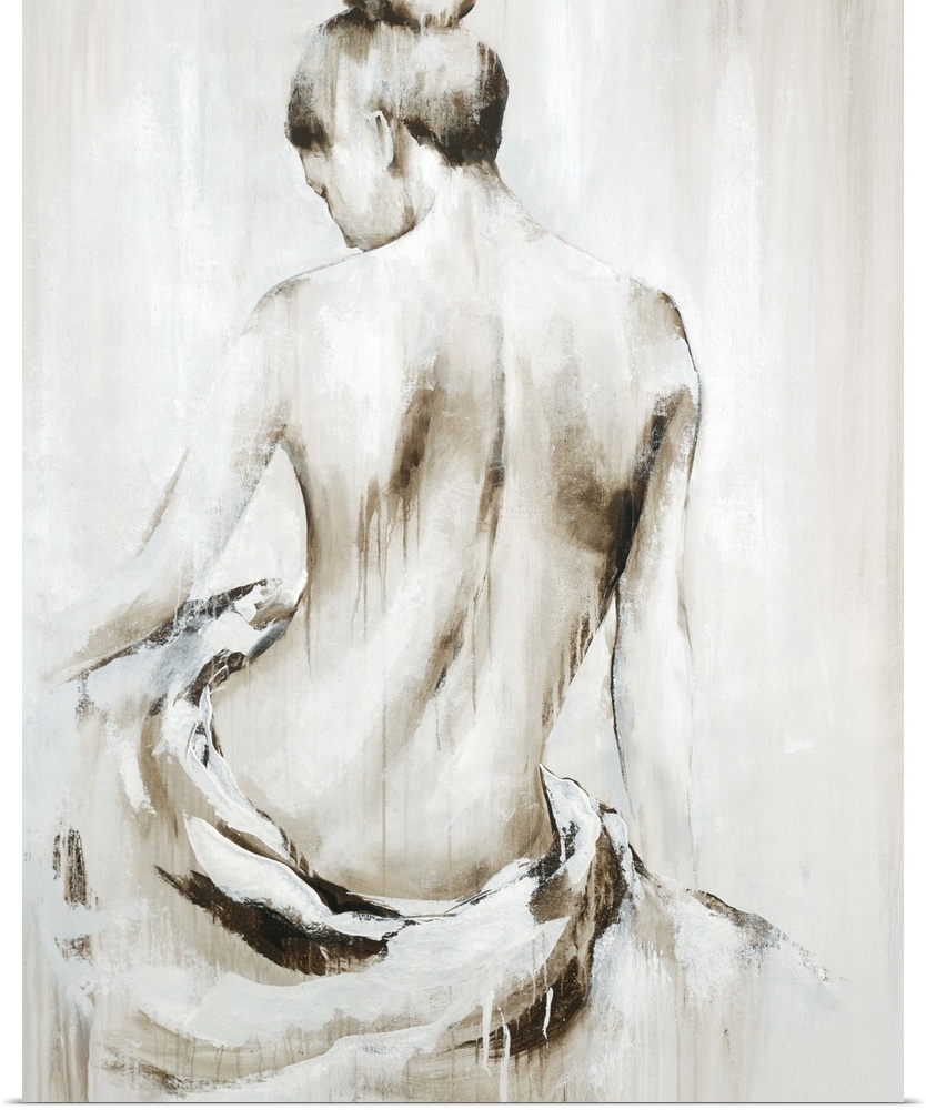 Contemporary painting of the backside of a nude woman with a cloth wrapped around her bottom part in shades of brown and w...