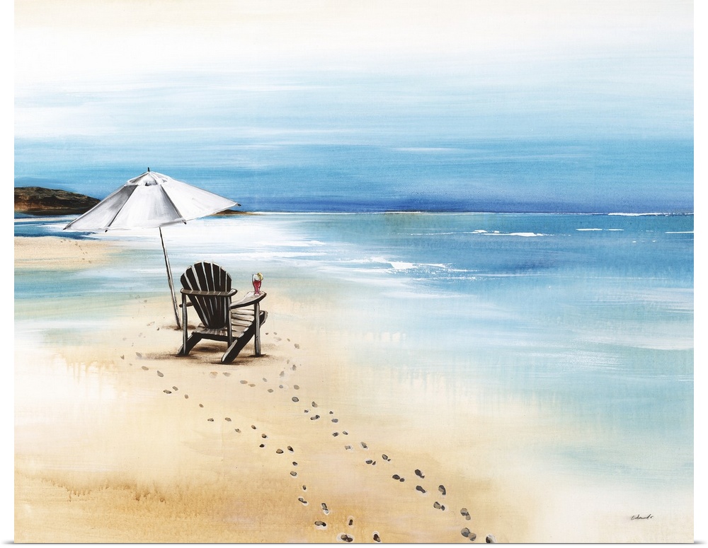 Contemporary painting of a relaxing beach scene with an empty chair holding a cocktail and a white umbrella right in front...