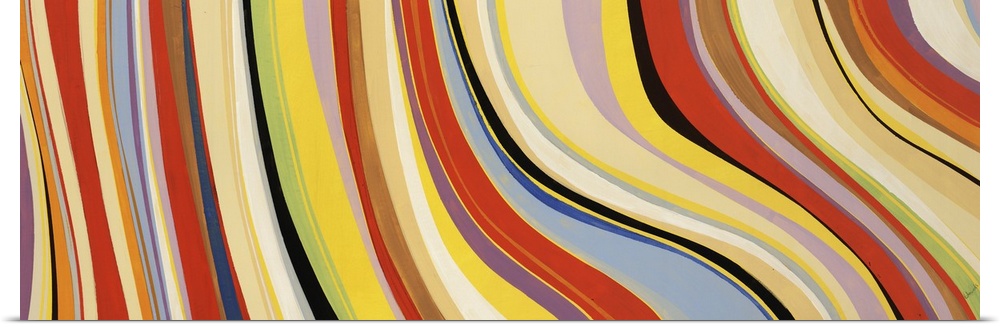 Oversized contemporary artwork of vertical, waving stripes in a variety of retro colors.