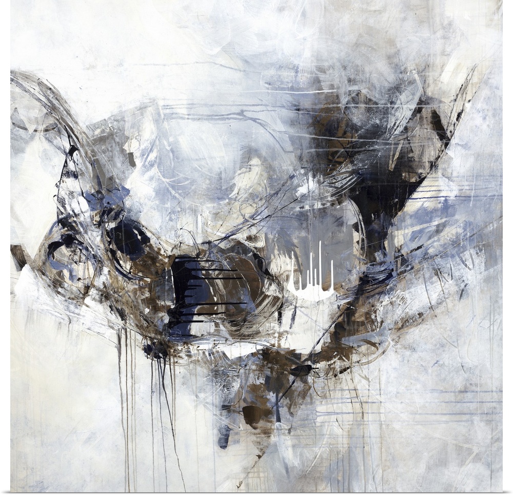 A square painting of washed colors of gray and blue with dripped paint textures and swirled brush strokes.