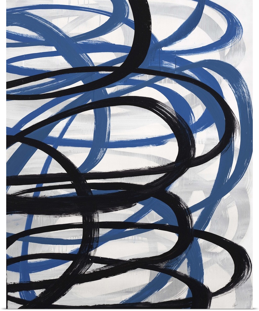 Contemporary abstract painting of a dark blue and black swirling lines against a neutral background.