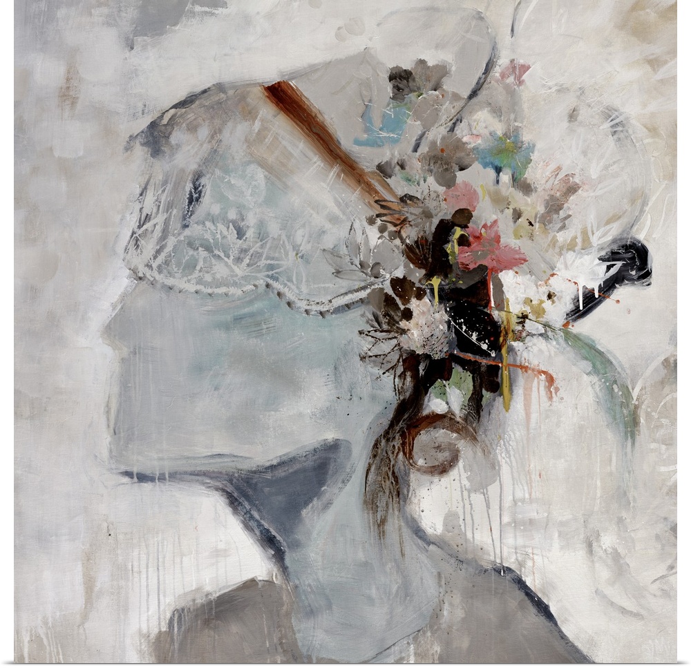 Square painting on canvas of a woman wearing a decorative hat on her head seen from the shoulders up.