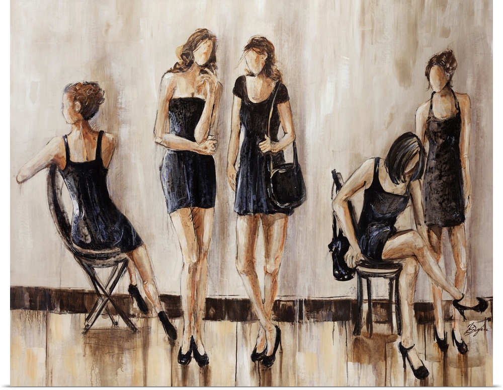 This is a contemporary painting of five women wearing little black dresses. This horizontal, figurative art work makes use...