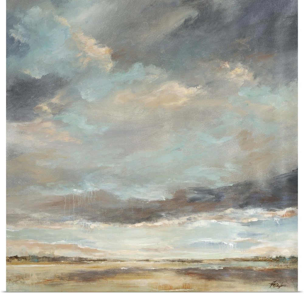 Abstract painting of storm clouds moving into a thick sky of clouds over a vast, empty landscape.