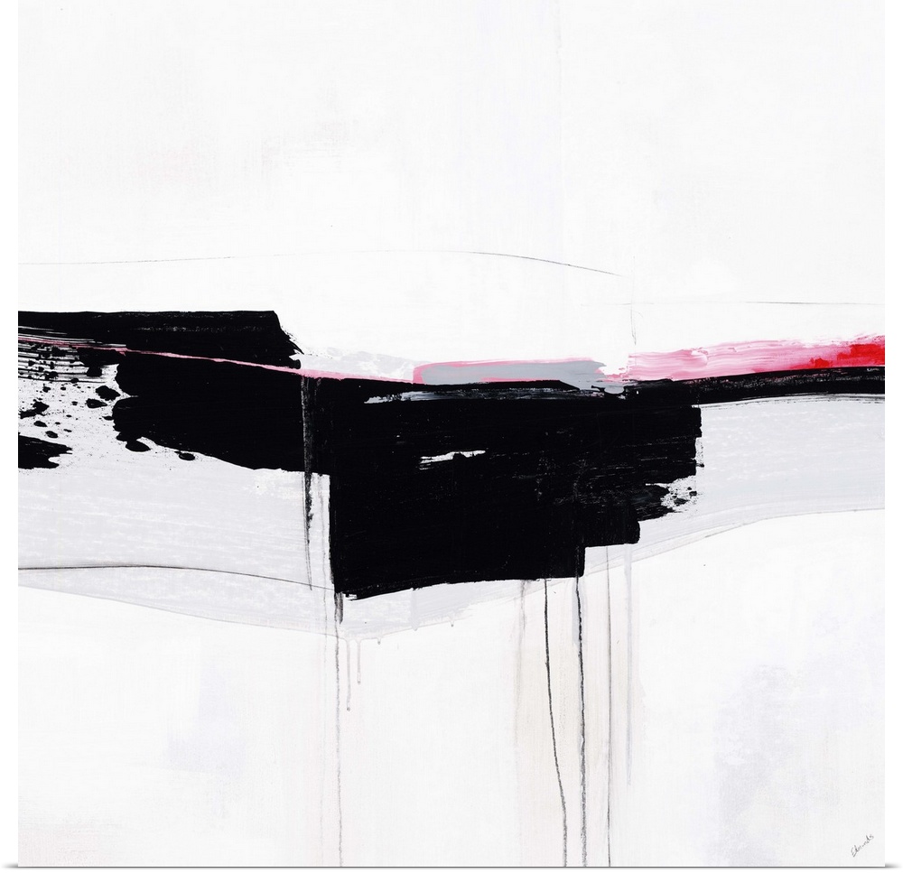 Contemporary abstract painting using bold black swipes with hints of pink against a white surface.