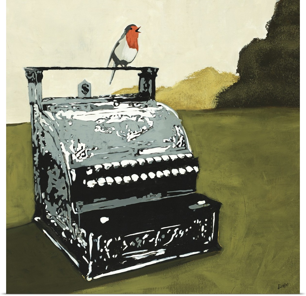 Contemporary painting of a red and white bird perched on top of a vintage cash register that sits in an open, green field....
