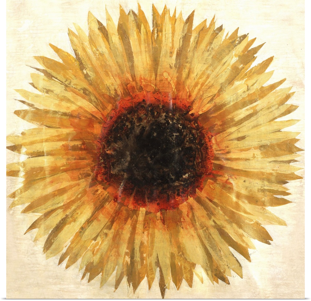Contemporary painting of a big beautiful sunflower against a brown background.