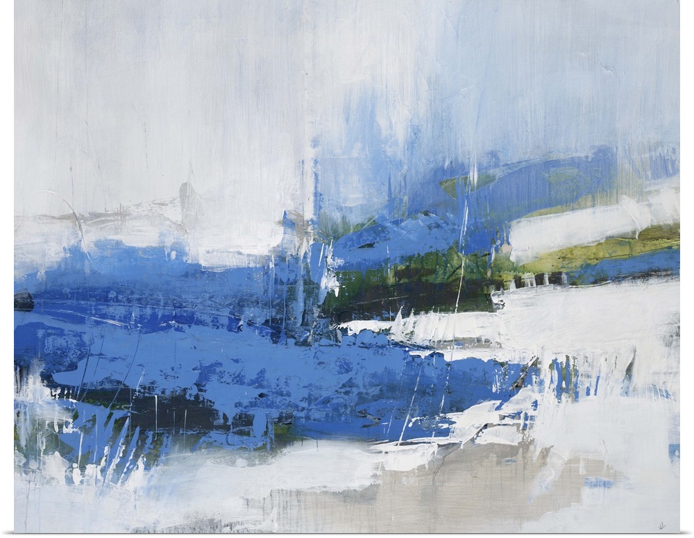 Contemporary abstract artwork in deep blue and pale white tones.