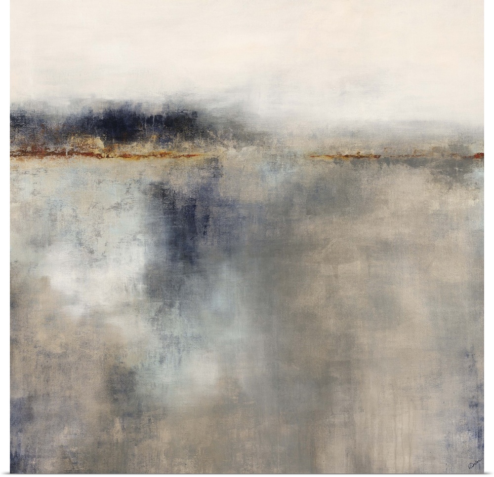 Contemporary abstract painting in muted grey and brown tones, resembling a horizon.