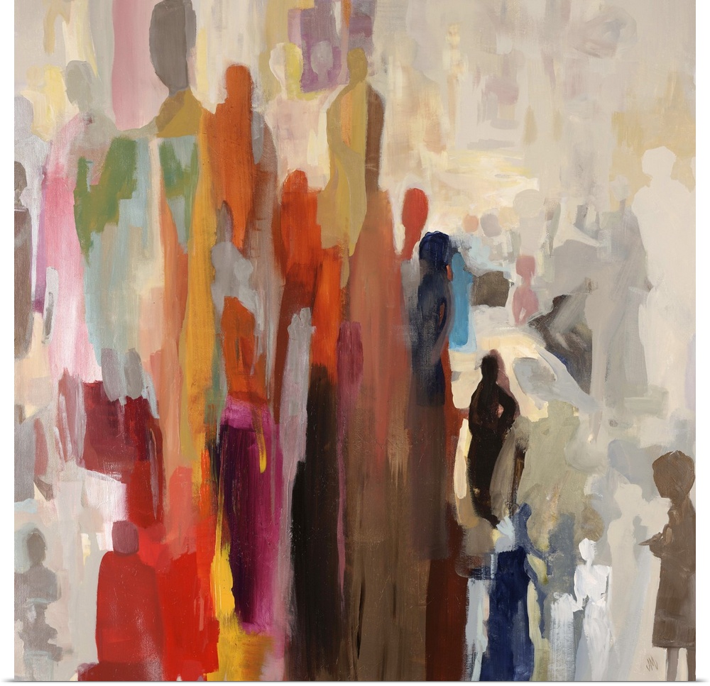Abstract painting of large cluster of human silhouettes in various sizes and colors, occasionally overlapping, melding tog...
