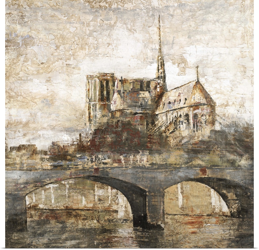 Contemporary painting of a fortified structure in the distance from a river.