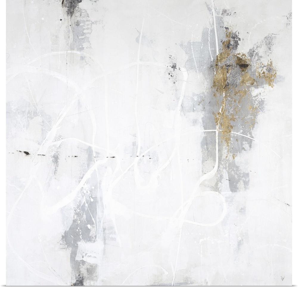 A square painting of washed colors of gray and gold with dripped paint textures and swirled brush strokes in white.