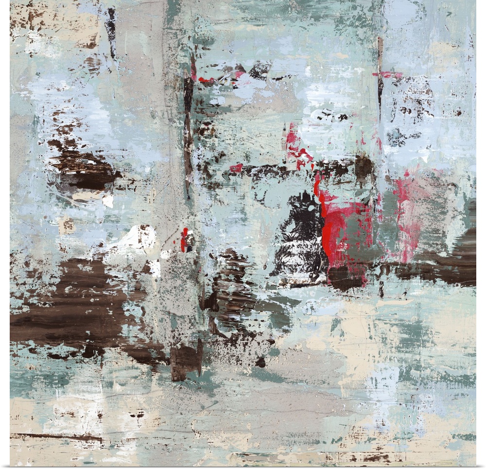 Contemporary abstract painting using a pale mint green with streaks of brown in an overall distressed fashion.