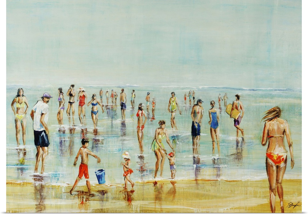 Painting of a crowded beach with a large group of adults and children enjoying calm waters beneath a clear sky.