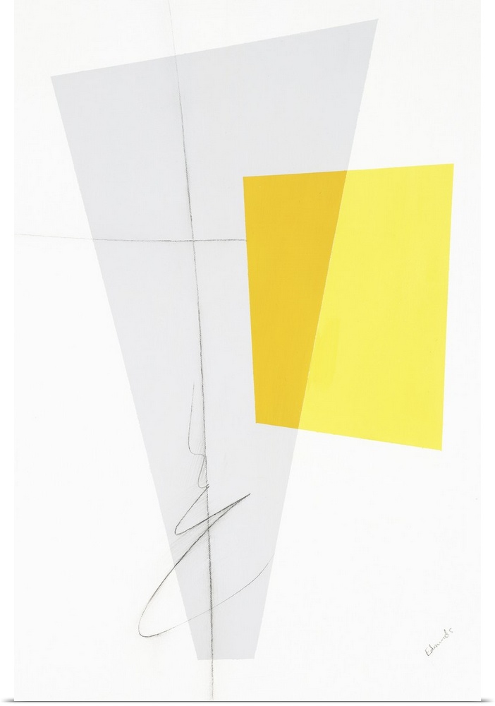 Large geometric abstract painting in shades of yellow and gray with thin, black, squiggly lines on top.