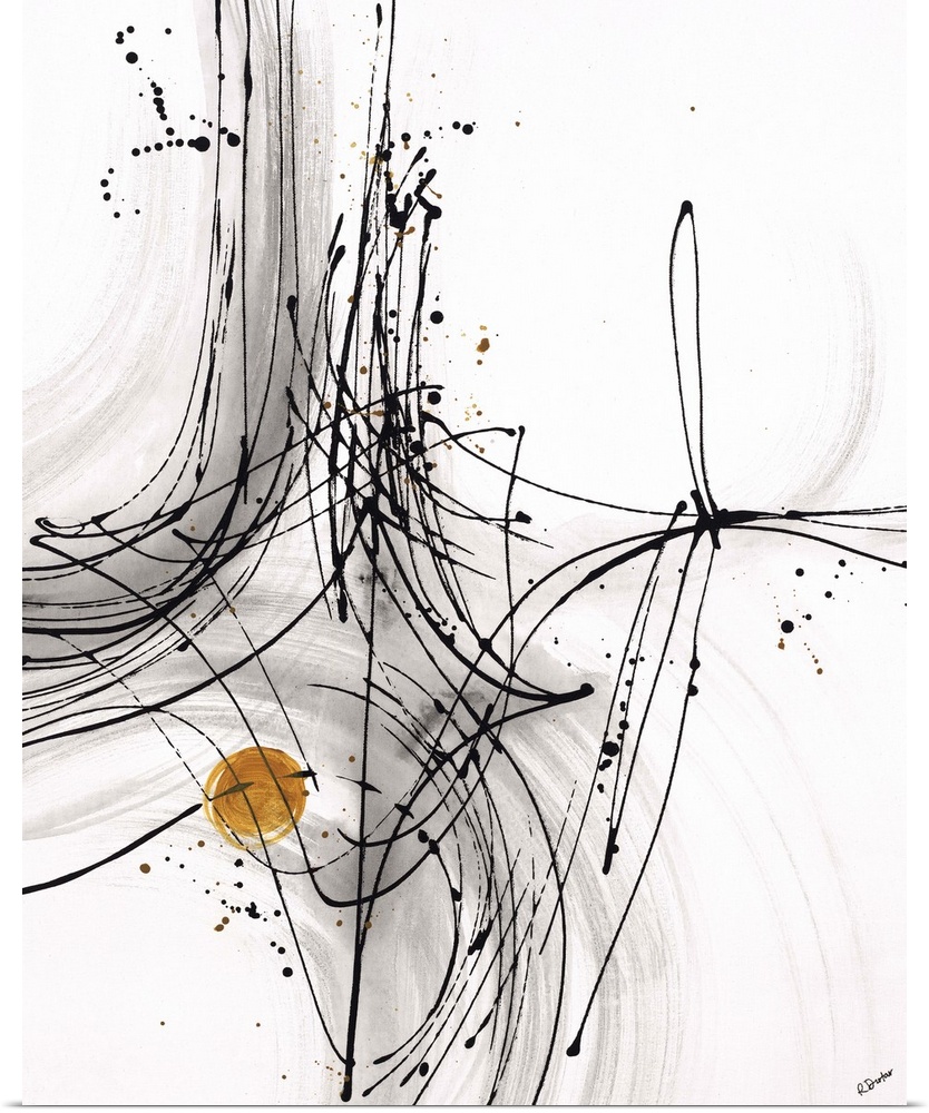 Abstract painting using thin black lines to create fluid movement, with a little gold circle towards the bottom of the image.