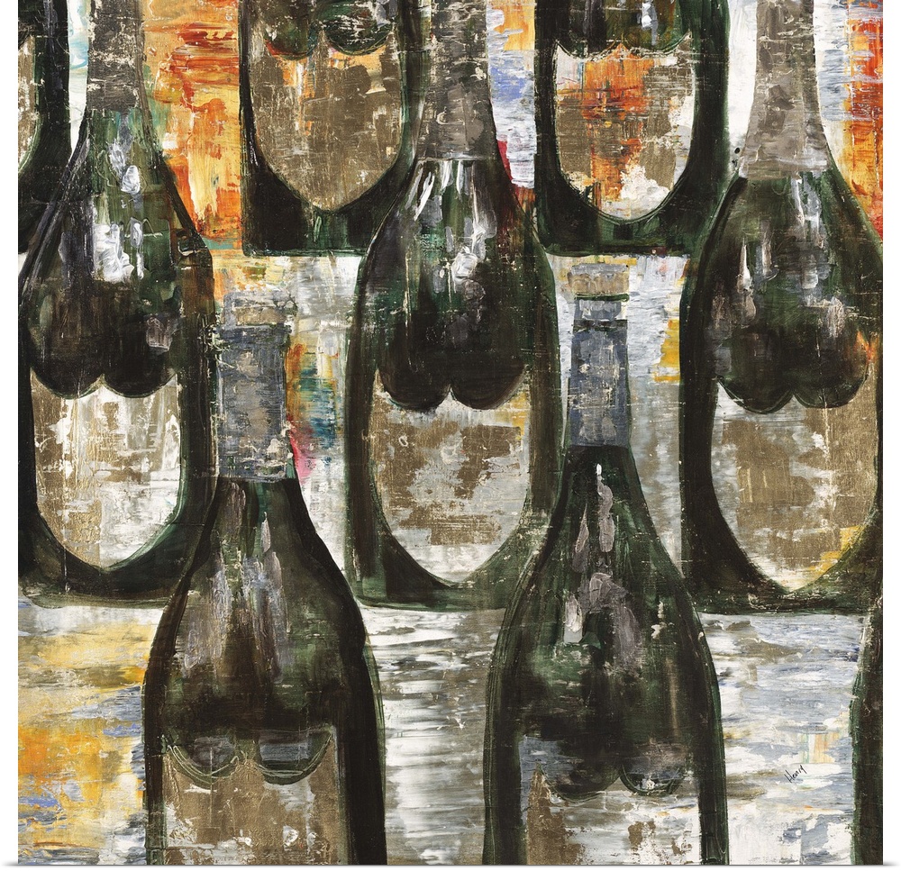 Contemporary painting of champagne bottles lined up in rows.