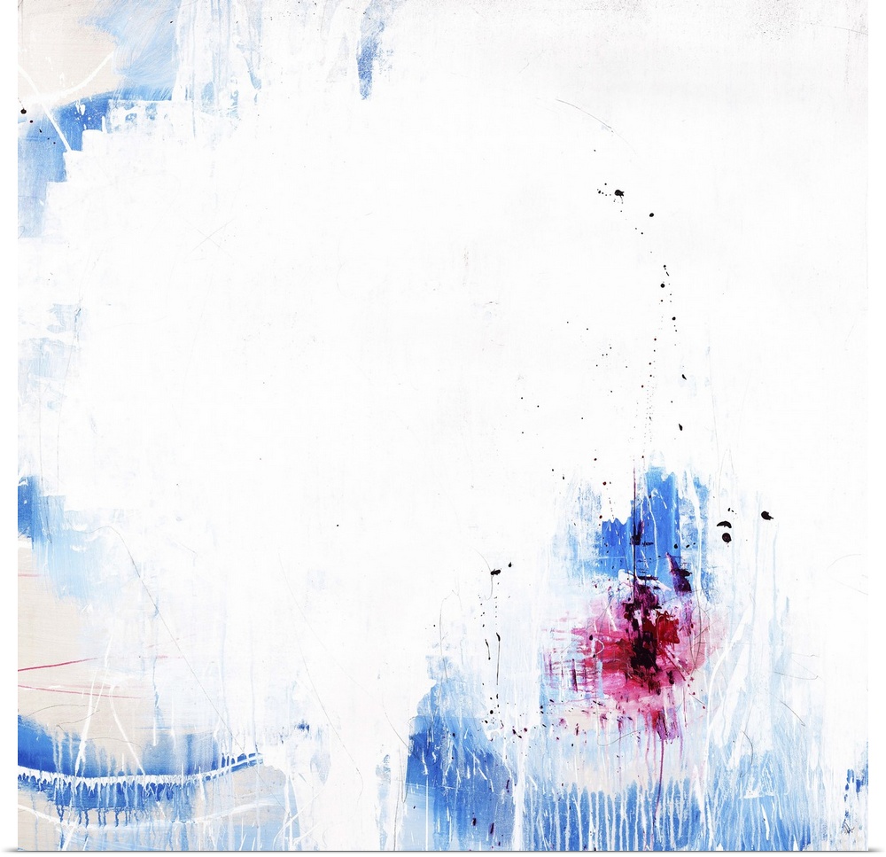 A contemporary abstract painting of a vibrant blue and red against a white background.
