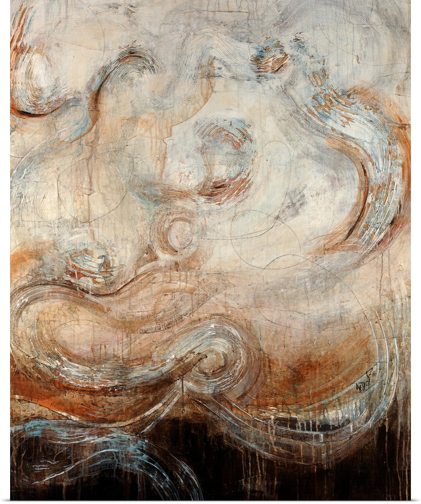 Abstract artwork of large swirls on a harsh background. Paint leaks down the print.