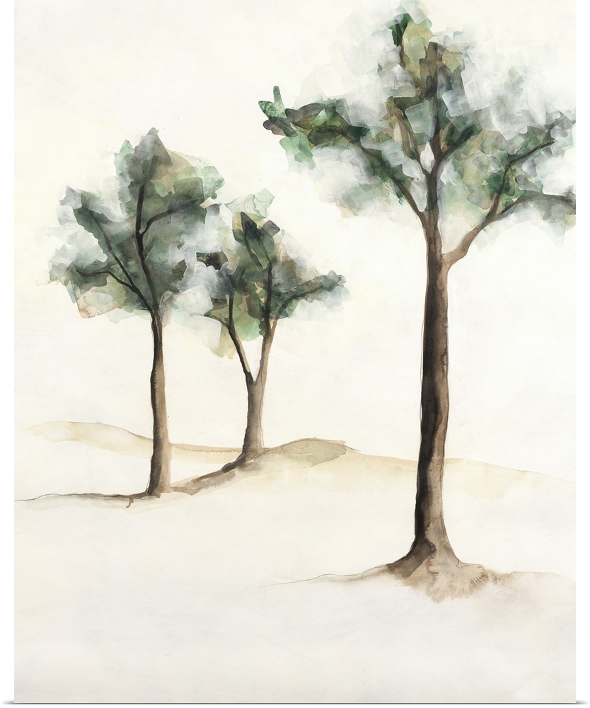 Watercolor painting of three trees on a neutral colored background.