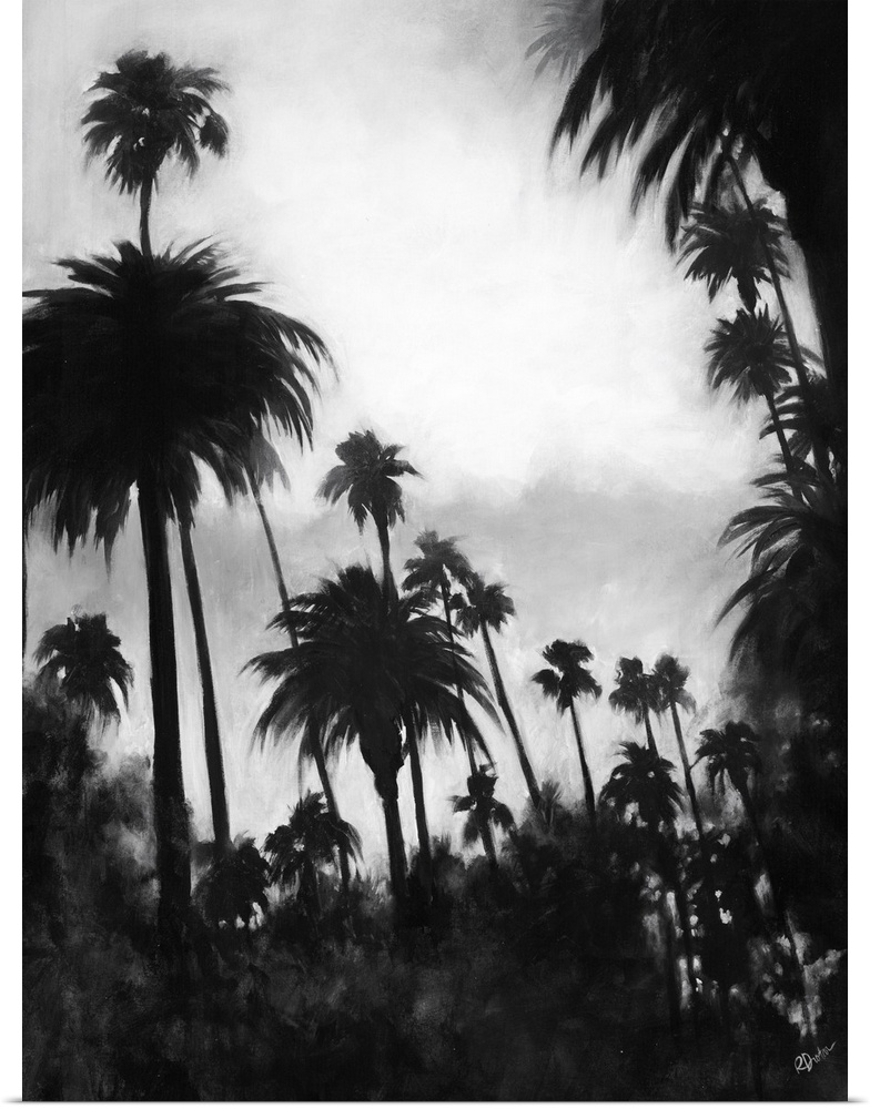 A black and white contemporary painting of a tree line of palm trees against of cloudy sky.