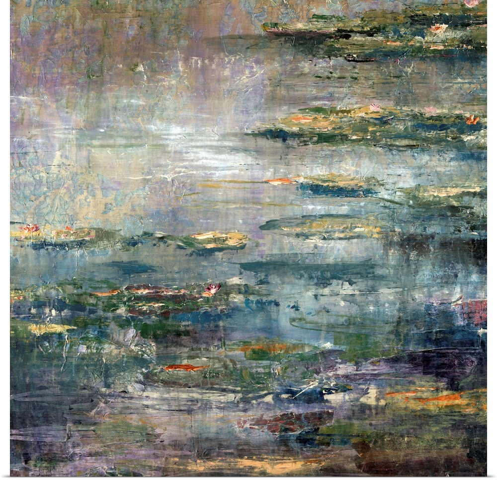 Contemporary painting of a pond filled with lily pads and water lilies in the evening, inspired by Claude Monet.