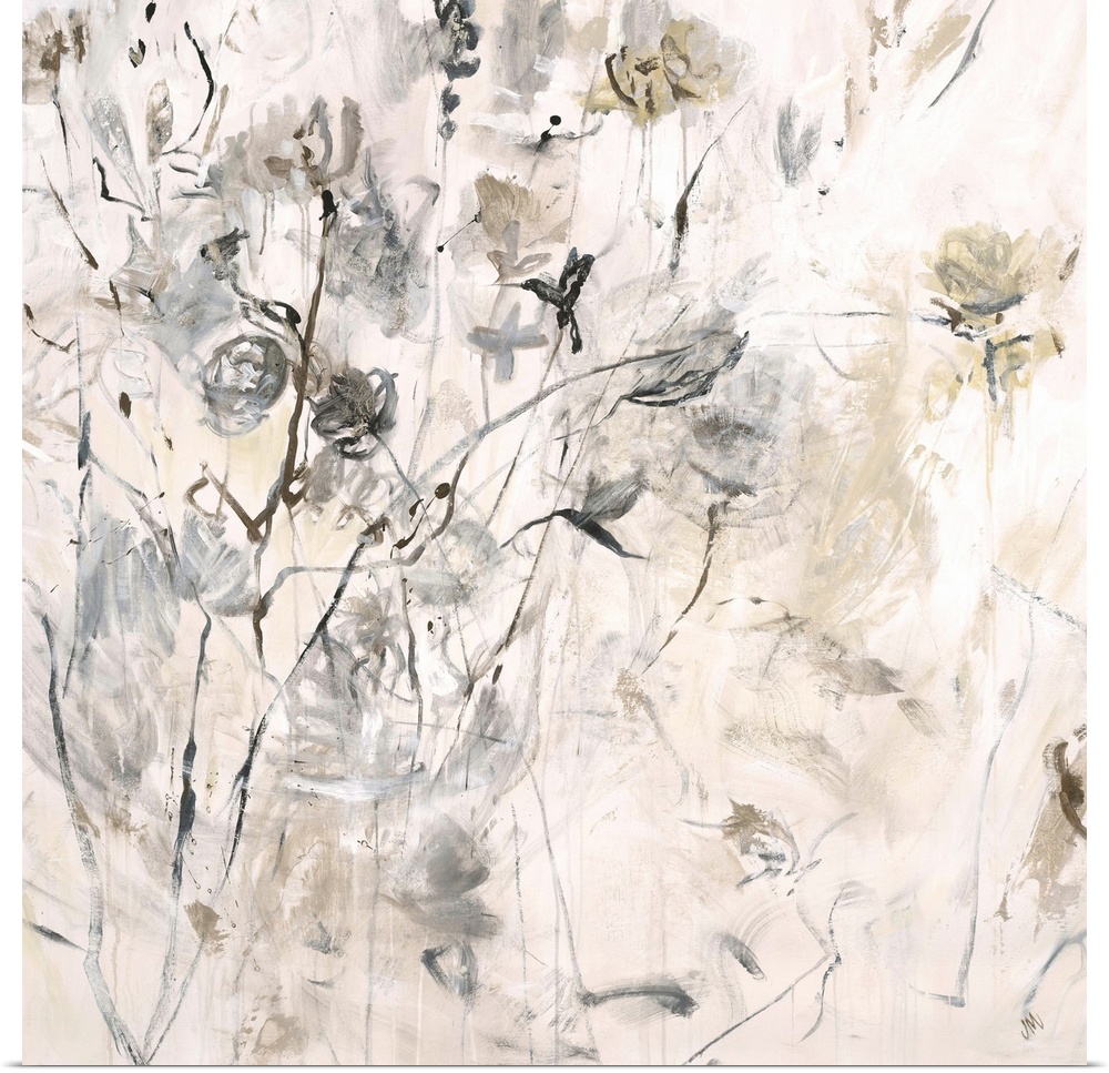 Abstract painting in earth tones of various florals on thin stems and small twigs, on a light, neutral background.