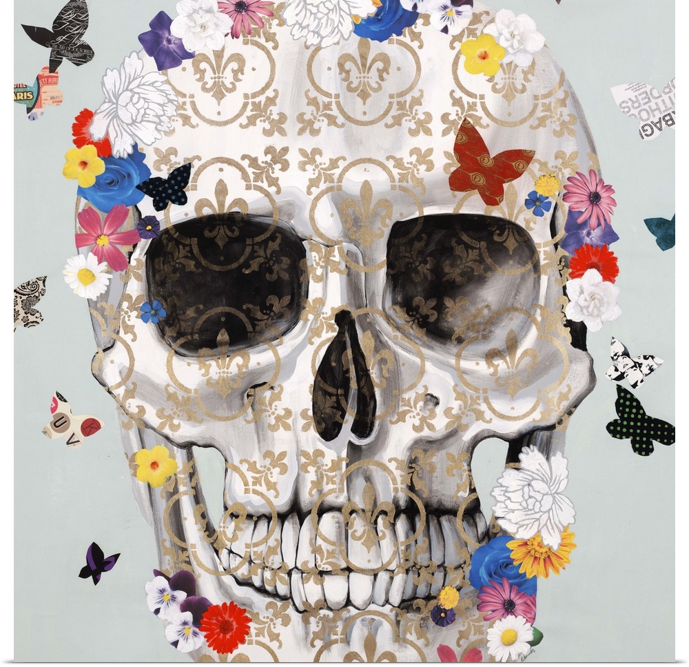 Artwork of a patterned skull surrounded by small, colorful butterflies.