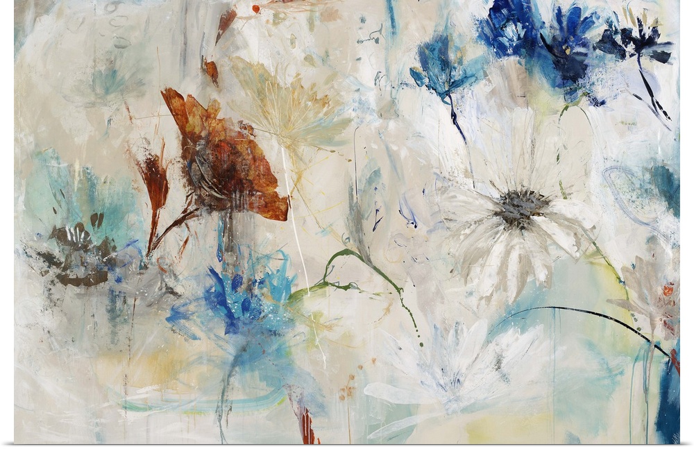 Contemporary painting of abstracted flowers against a pale background with splashes of blue.