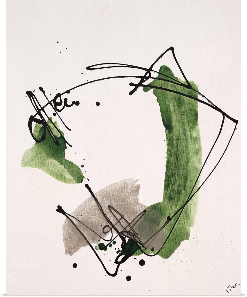 Contemporary abstract painting of dark black lines and splashes of green swirling around.