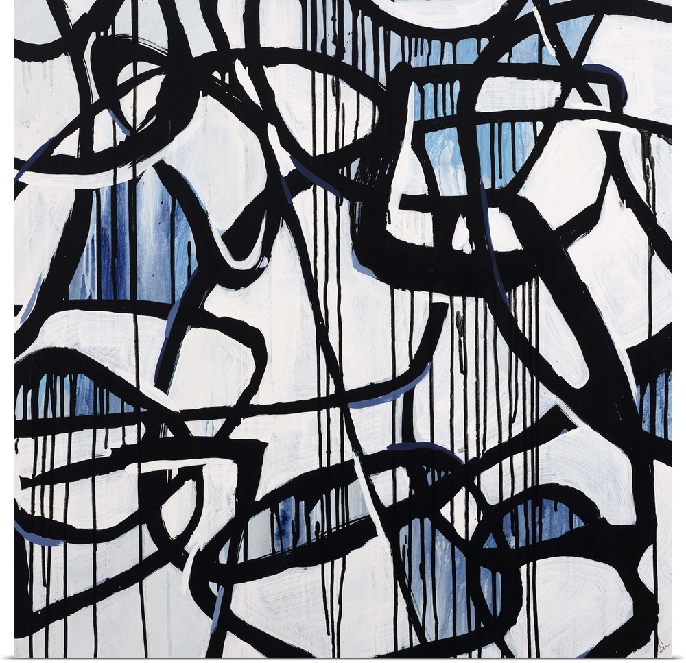 Contemporary high contrast abstract painting using deep black organic lines in a circular motion, with hints of blue.