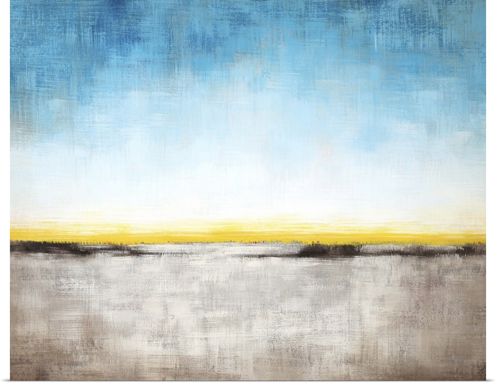 Contemporary abstract painting of a landscape under a blue sky.