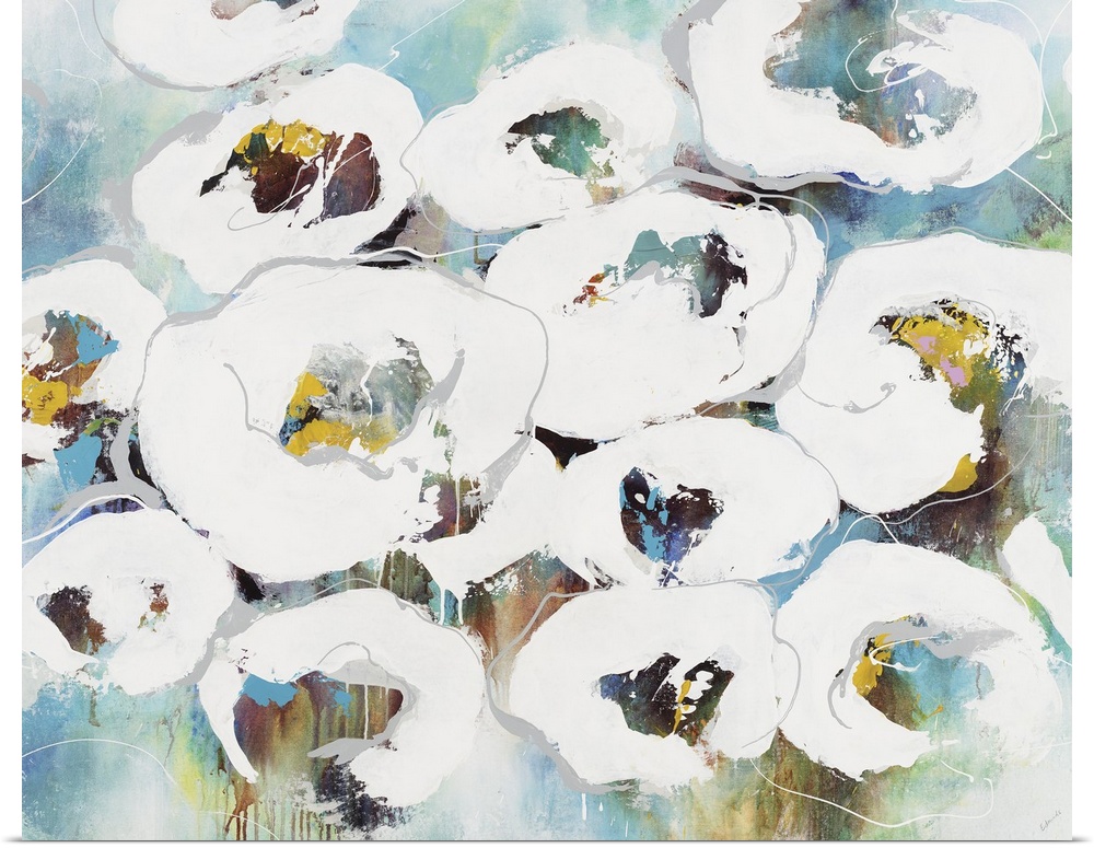 An abstract floral painting of white flowers with a multi-color background.