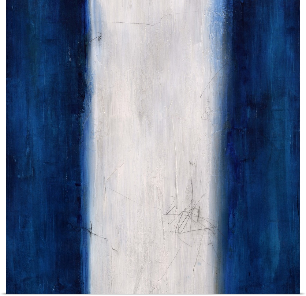 Abstract painting using dark blue stripes on the left and right sides of the image, with a white stripe in the center.