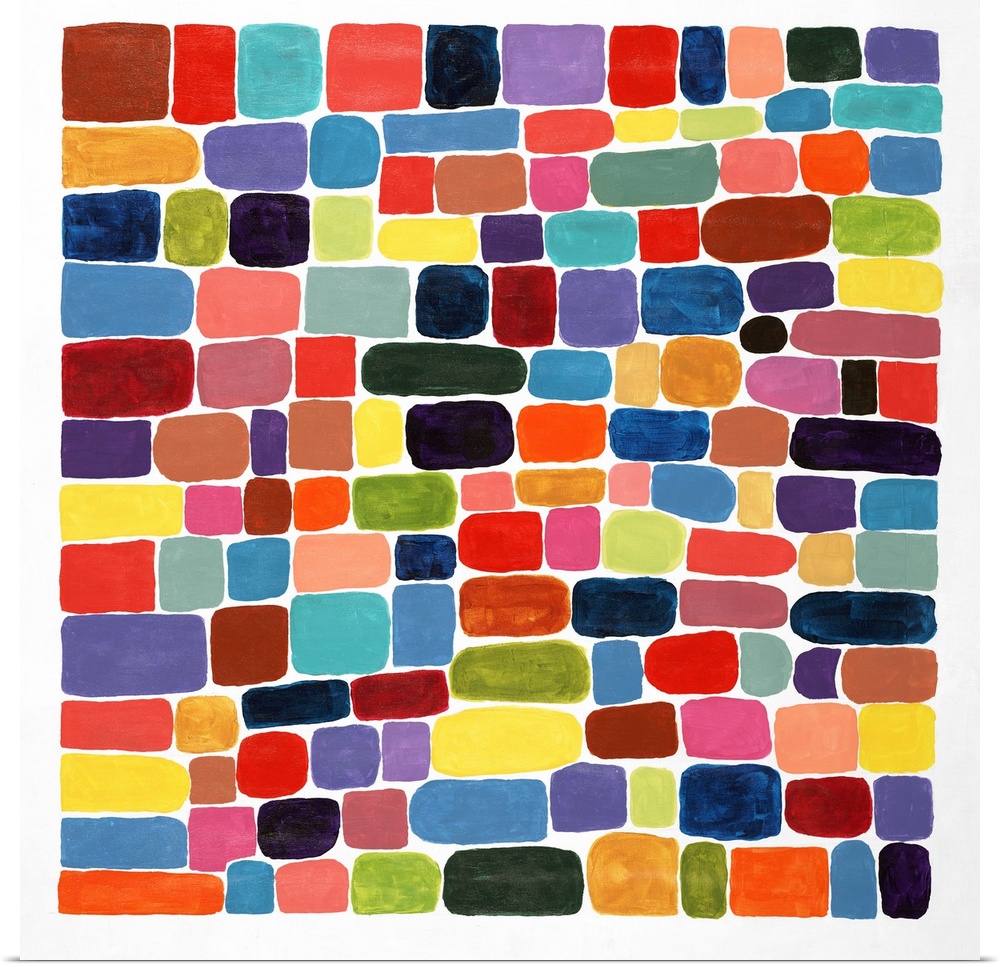 Contemporary abstract painting of brightly colored shapes making a mosaic.