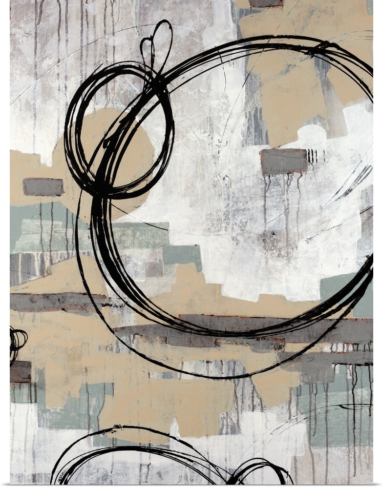 Abstract painting with neutral colors in rectangle splotches in the background with dark ring circles on top.