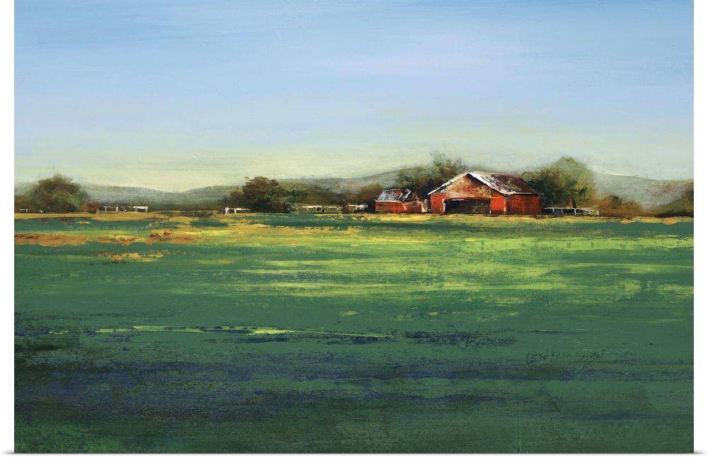 Contemporary artwork of a farm landscape with a green field.