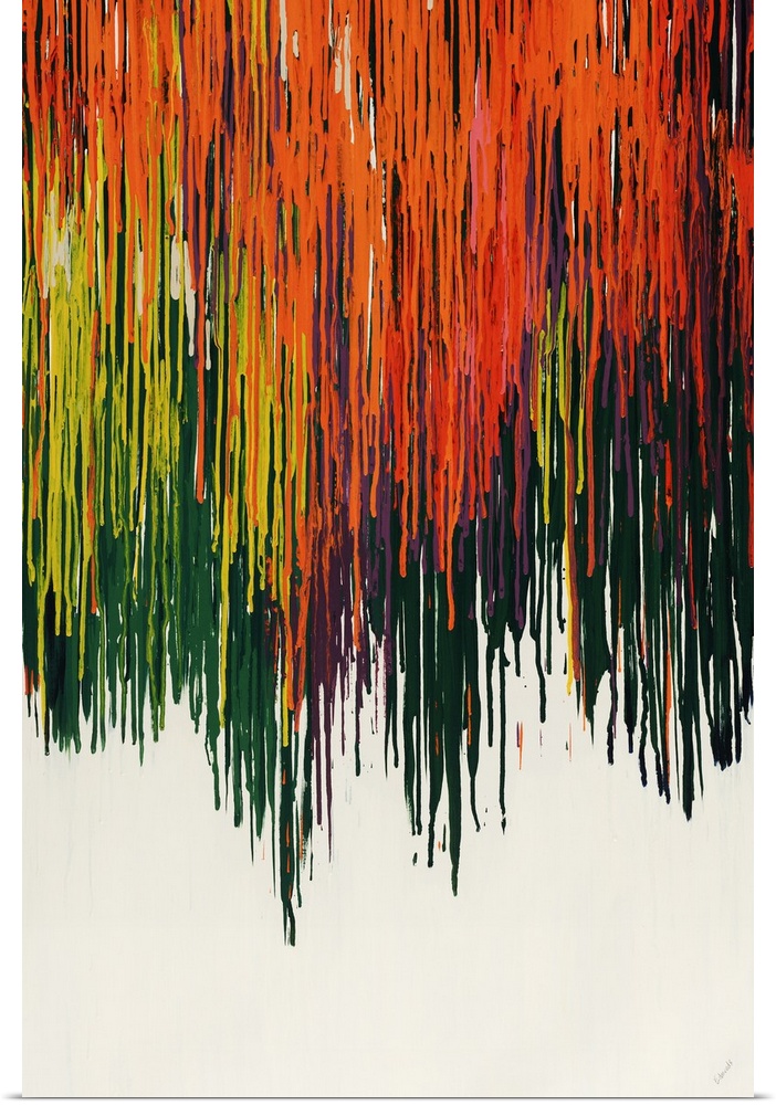 Large, vertical abstract painting of multicolored drips of paint in layers, running vertically down a light, solid backgro...