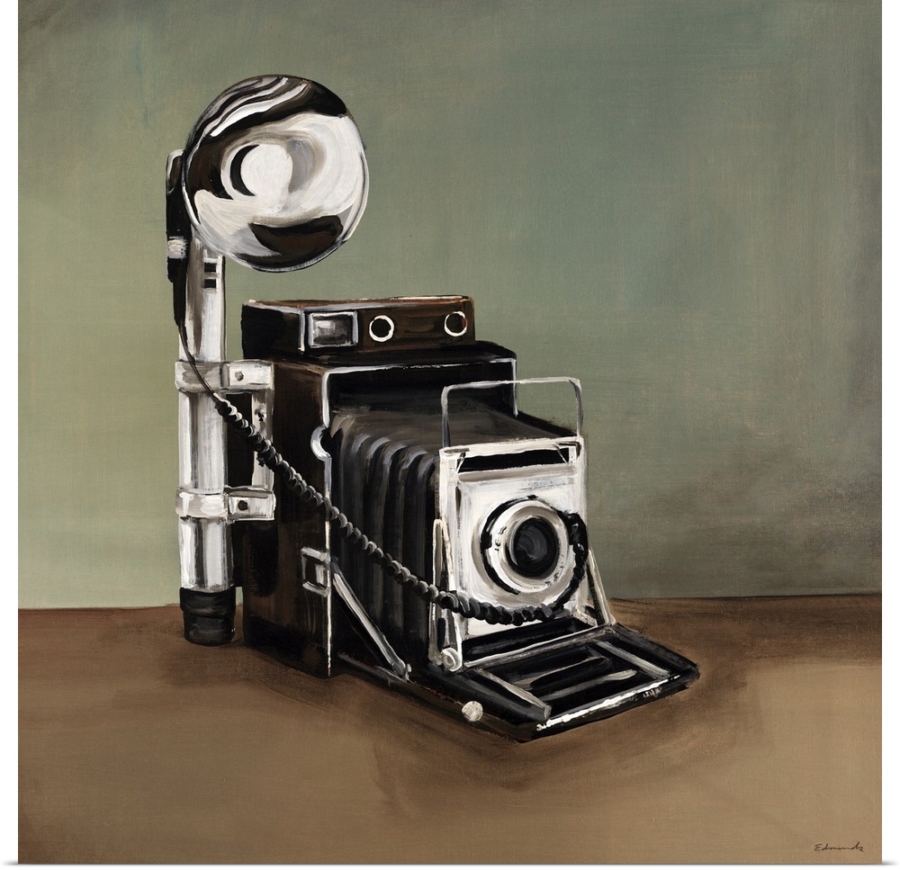 This is a painting of a vintage style speed graphic camera.