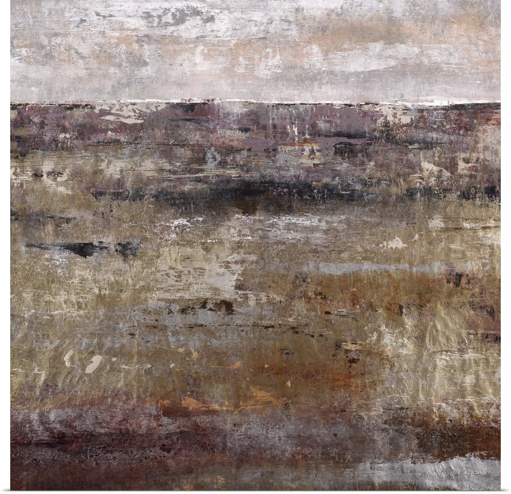 Contemporary artwork of a dark landscape in brown under a light grey sky.