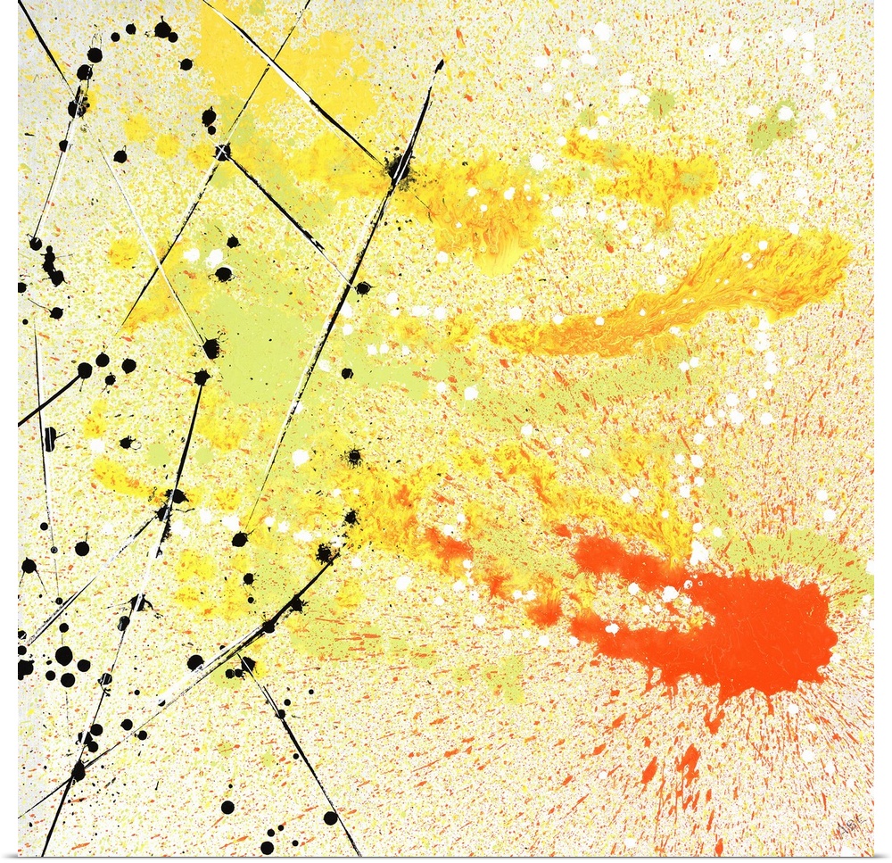 Contemporary abstract painting made from orange, yellow, and light green paint splatter, black and white dots on top, and ...