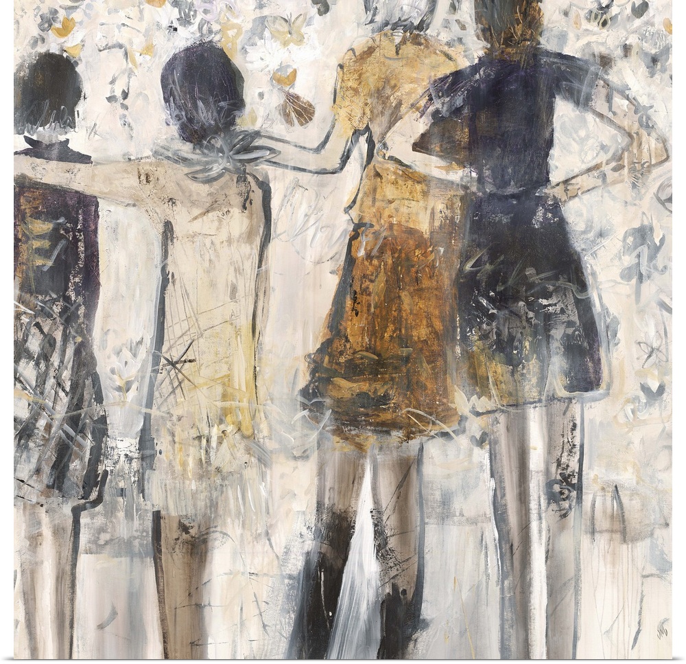 Contemporary abstract painting of female figure lined up together in earthy tones.