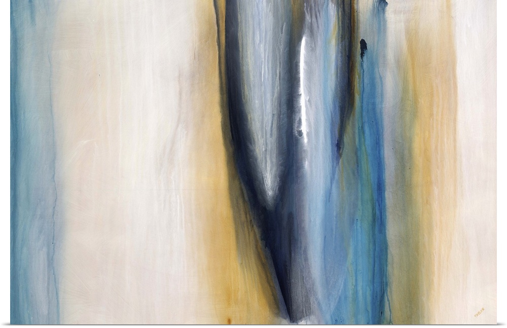 Abstract painting of thick vertical streaks of watercolor in various tones, on a light, neutral background.
