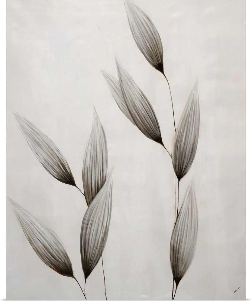 Contemporary painting of wheat stalks in neutral monotone.