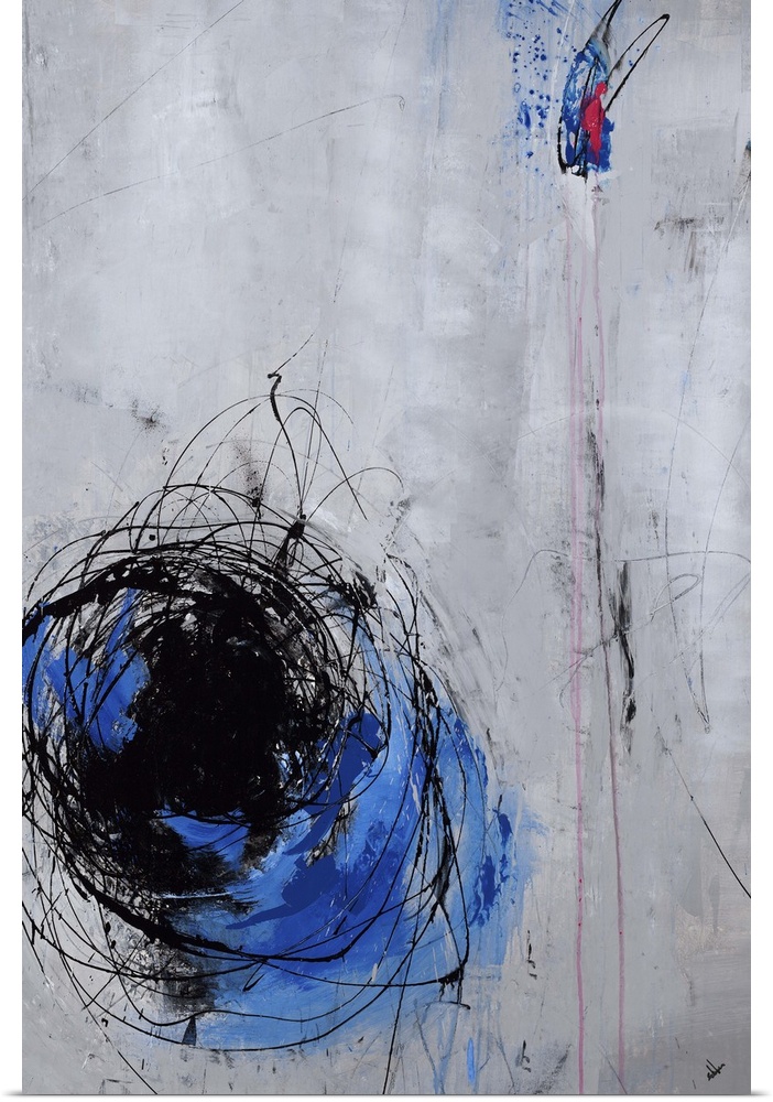 Vertical abstract painting with a grey background, blue swirl on the bottom left side with thin black swirling lines on to...