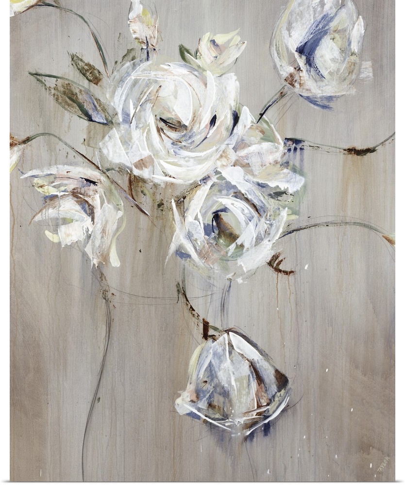 A textured painting of an arrangement of white flowers in a vase.