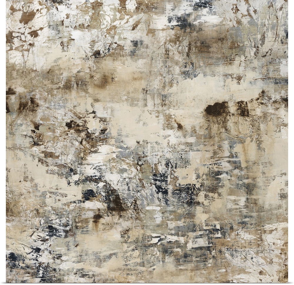 Square, large wall painting in layered neutral tones of small patches and rough, short brushstrokes.