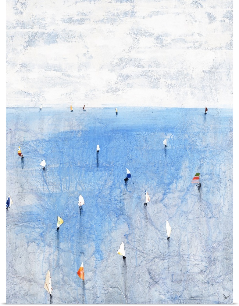 A contemporary painting of a view out to sea with sailboats casting shadows on the water.