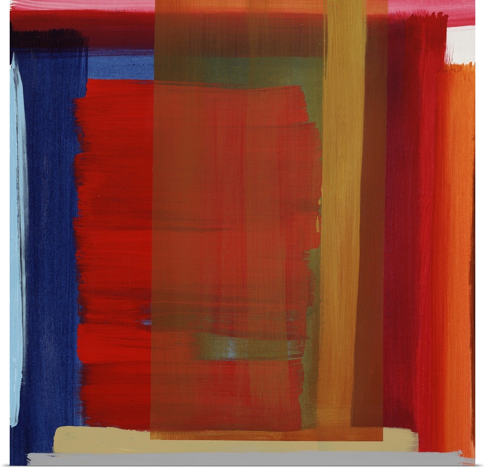 Abstract painting of overlapping and intersecting rectangular blocks of vibrant color and thick heavy brushstrokes.